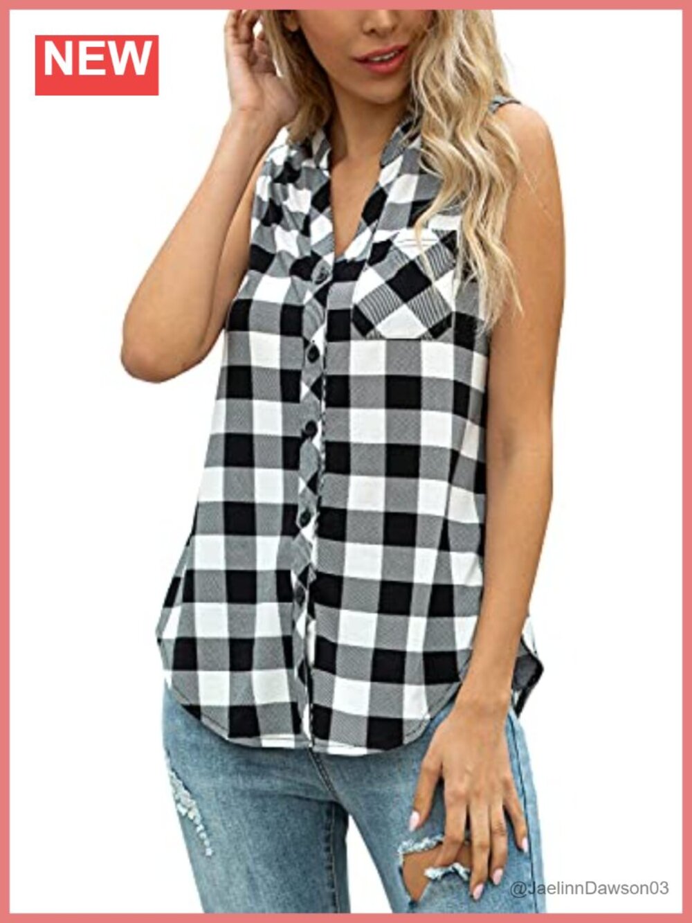 Sleeveless Button Down V Neck Plaid Tank Top Blouse